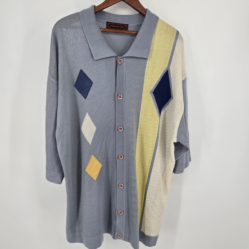 Creme De Silk Vintage Knit Shirt XL 75% Silk 25% Rayon Retro Mod Argyle  90s Mob